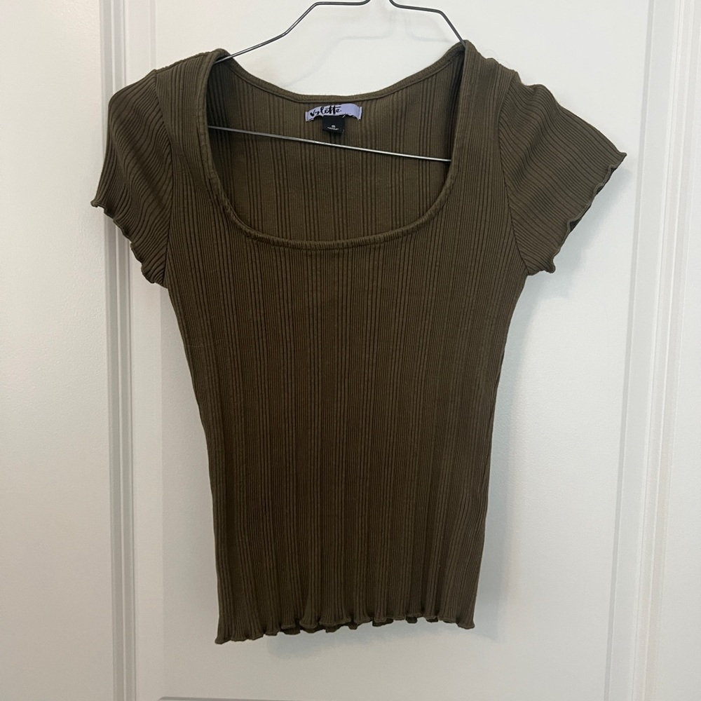 Olive Green Ribbed Short Sleeve Top